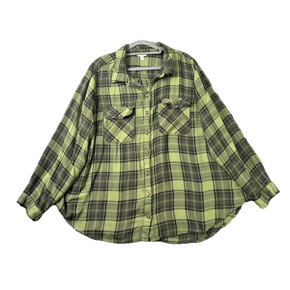 Terra & Sky Womens Green & Black Plaid Long Sleeve Shirt Plus Size 1X